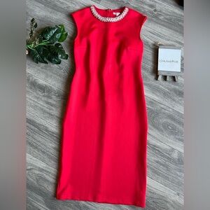 Spense sleeveless pearl jewel bead embellished collar red midi sheath dress 10